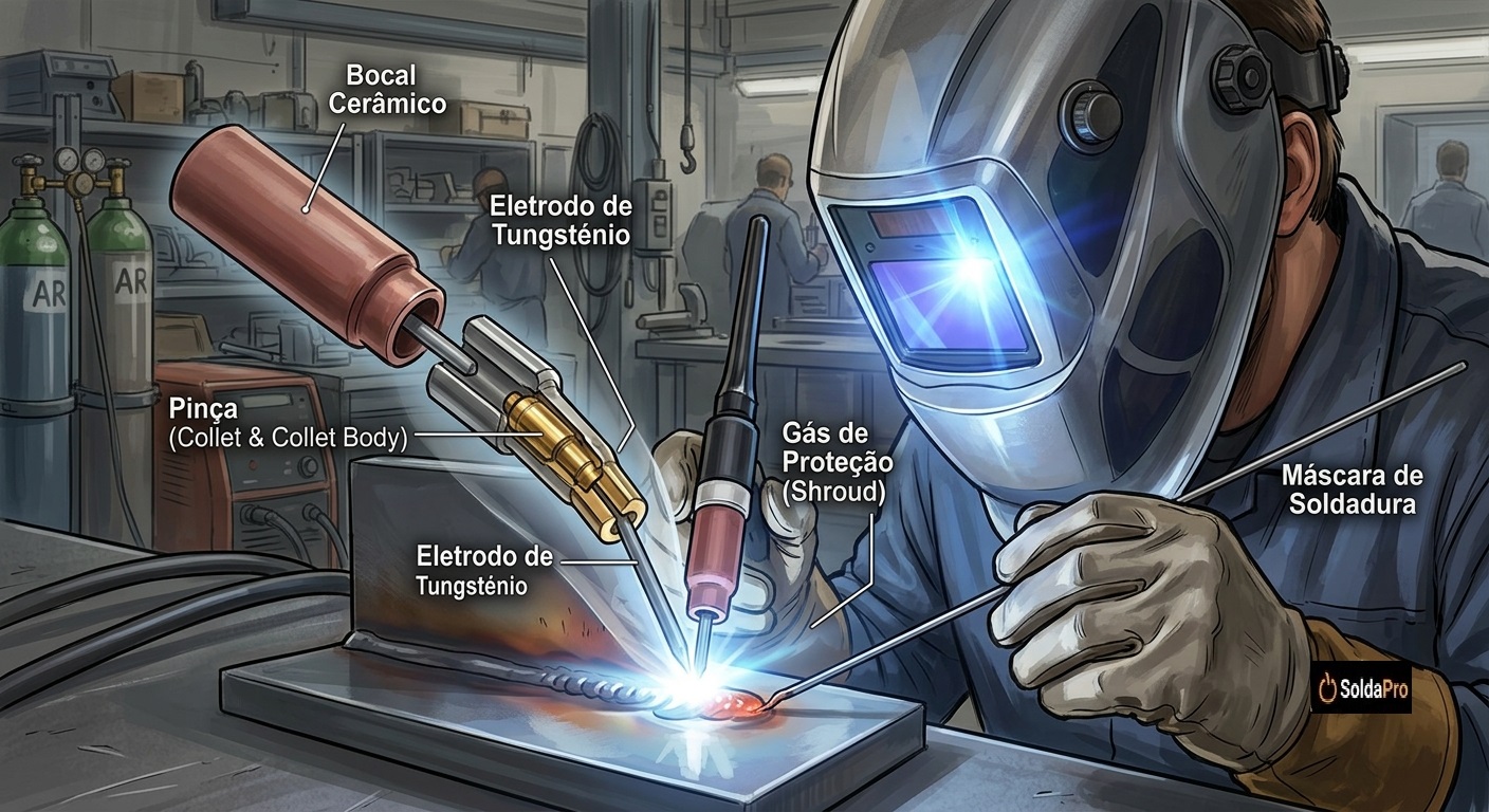 TIG em ação: bocal cerâmico, pinça, eletrodo de tungsténio, gás de proteção e máscara