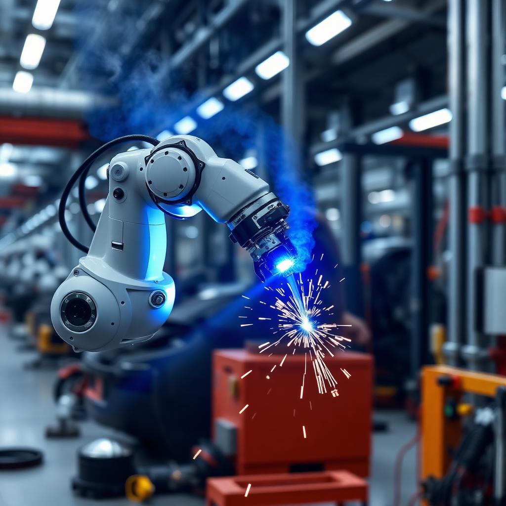 Braço robótico moderno a soldar em fábrica automóvel