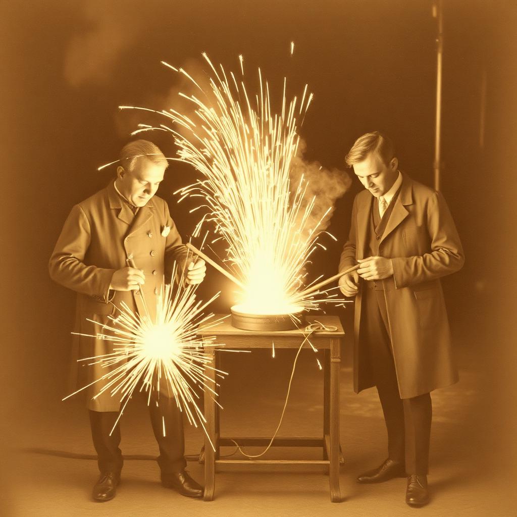 Cientistas do século XIX experimentando o arco elétrico