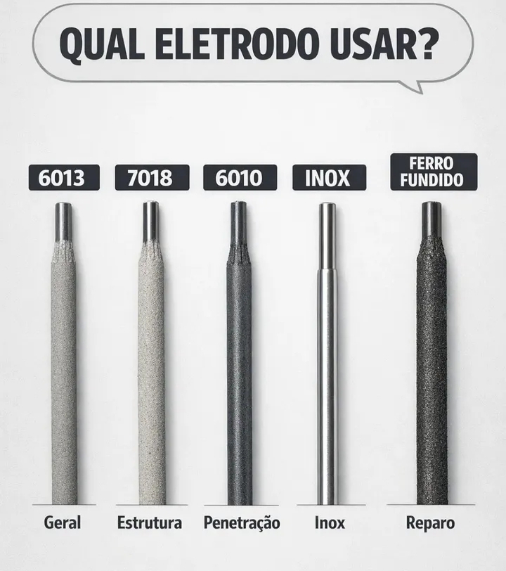 Qual eletrodo usar — Geral, Estrutura, Penetração, Inox, Ferro fundido