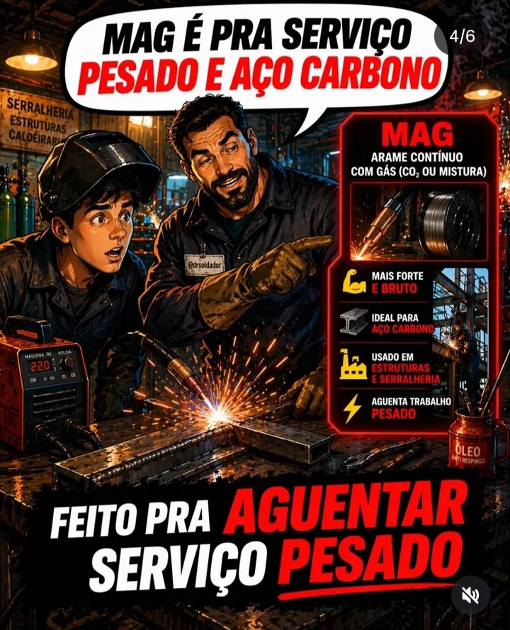 MAG: serviço pesado, ideal para aço carbono e estruturas